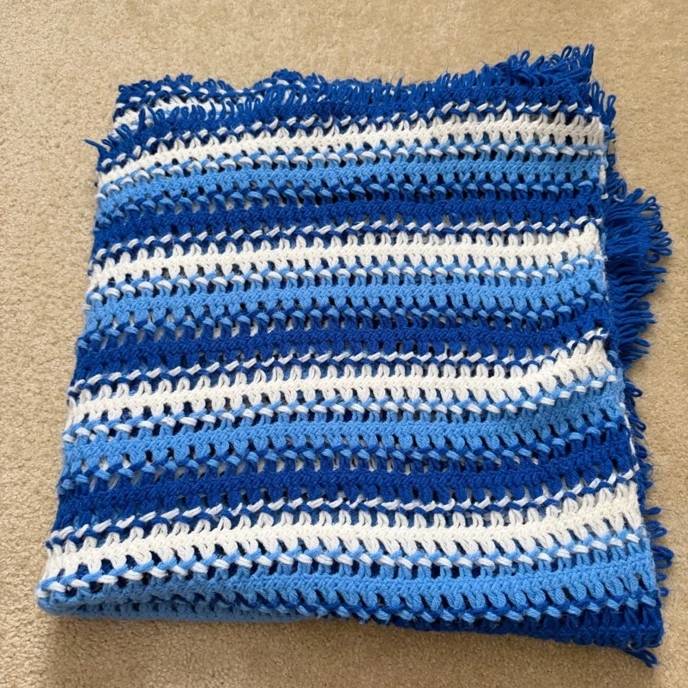 Vintage Handmade Crochet Afghan Blanket Blue White Striped Fringe Throw 97x47
